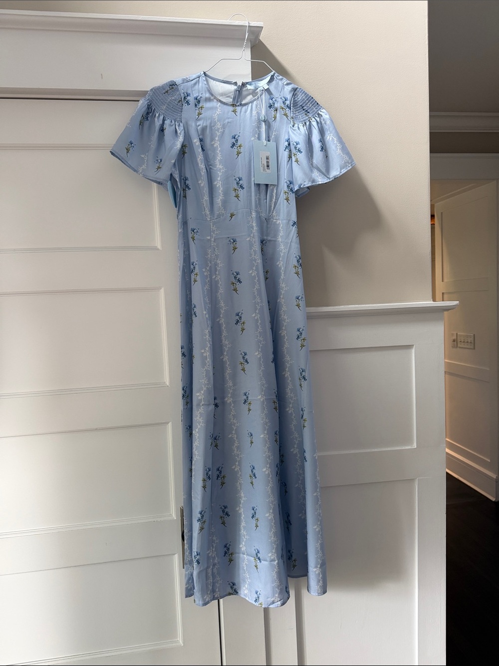 Hill House Pale Blue Floral Midi Dress with Puff Sleeves